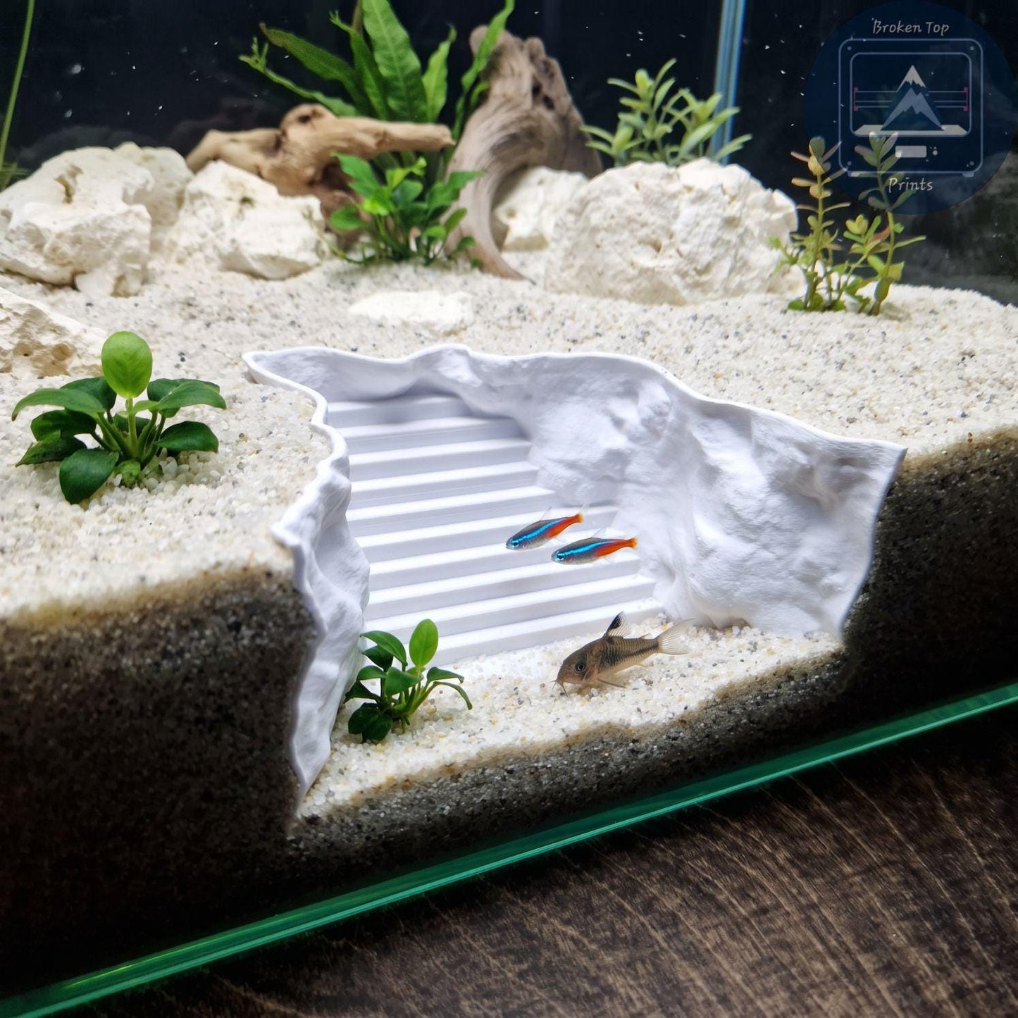 Aquarium Cave, Substrate Tunnel and Fish Shelter | Seaside Stairway Hide, 3D Printed PETG Aquascape Décor for Shrimp & Plecos